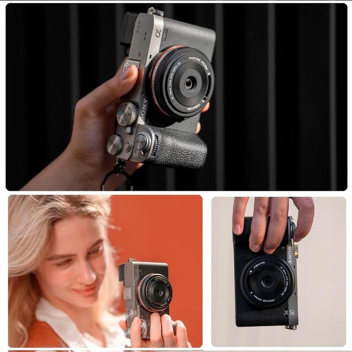 The Viltrox 28mm f/4.5 FE lens for Sony Full Frame cameras is featured: top view in hand (top), a person smiling while holding it (bottom left), and a vertical close-up shot (bottom right) against dark backgrounds.