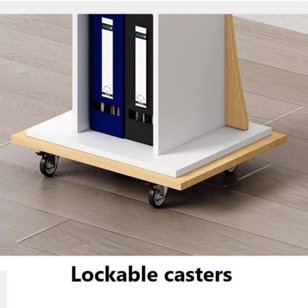 A close-up of the MobileTechnica Podium Lecturn Rolling Stand shows white and wood shelves on four black lockable casters, holding blue and black binders on a light brown tiled floor. Perfect as mobile presentation furniture. Text: "Lockable casters.