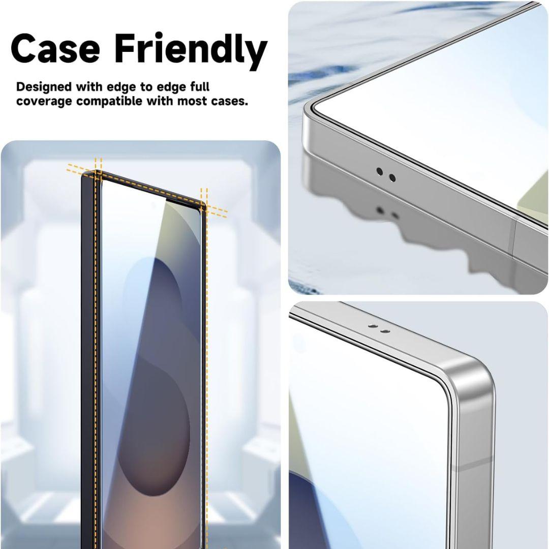 A graphic shows the MobileTechnica Samsung Galaxy S25 Ultra Screen Protector (2-pack) with edge-to-edge tempered glass. Images highlight its slim, dustproof fit, compatible with most cases. Text: “Case Friendly - Full coverage for most cases.”.