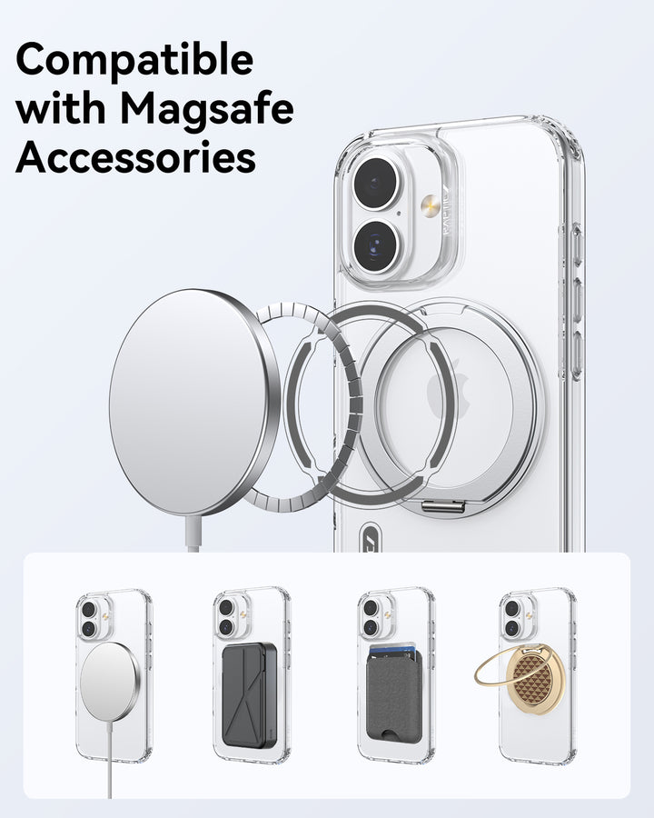 The Raptic Air Stand iPhone 17 Magnetic Kickstand Case, with military-grade protection, is MagSafe-compatible. Text says “Compatible with MagSafe Accessories.” Images show use with a charger, wallet, cardholder, and ring holder.