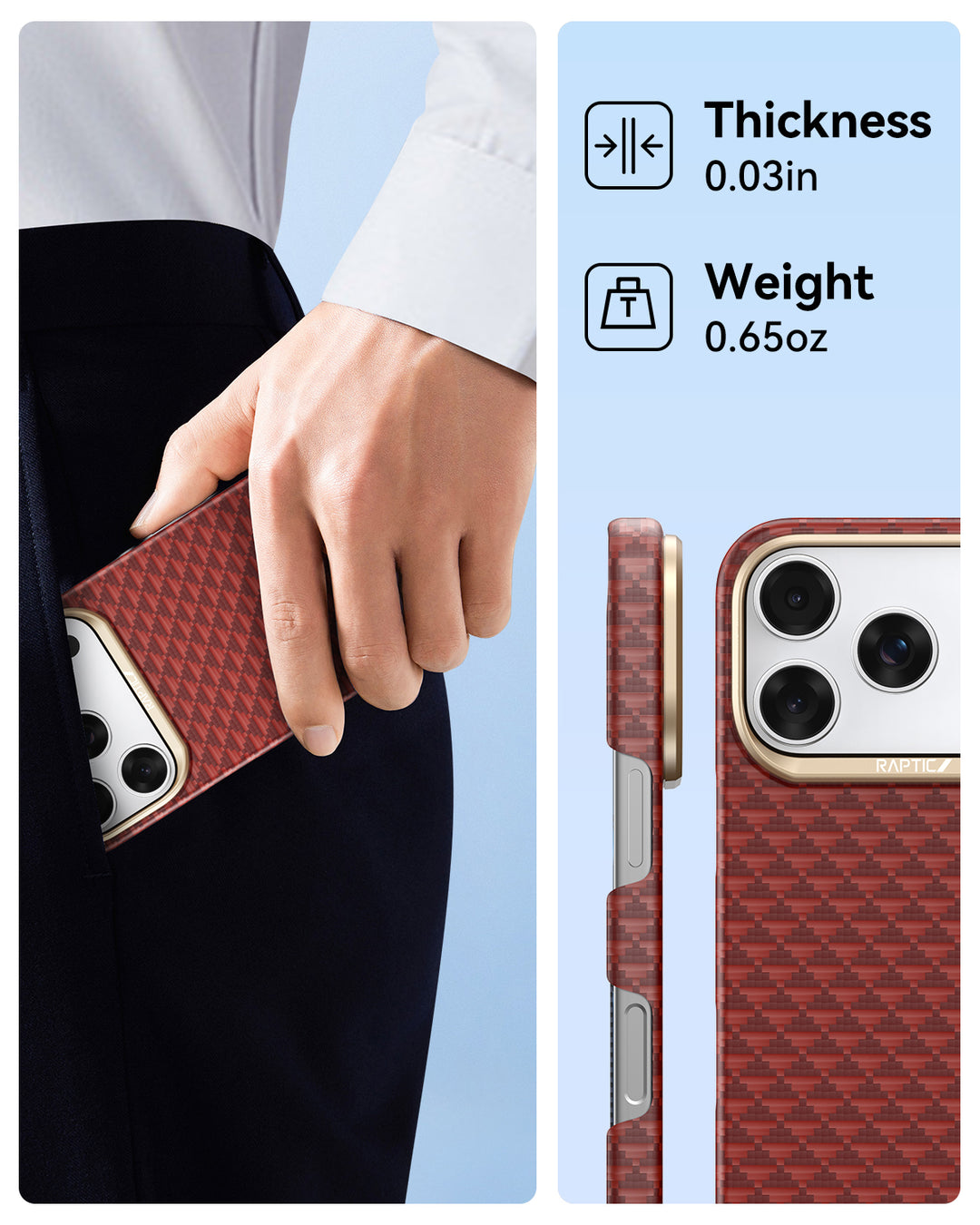 A hand slides a red Raptic iPhone 17 Aramid Fibre Case - Skin-Origin into a pocket. On the right, close-up shows ultra-slim edge. Text: “Thickness 0.03in”, “Weight 0.65oz,” plus MagSafe compatible icons.