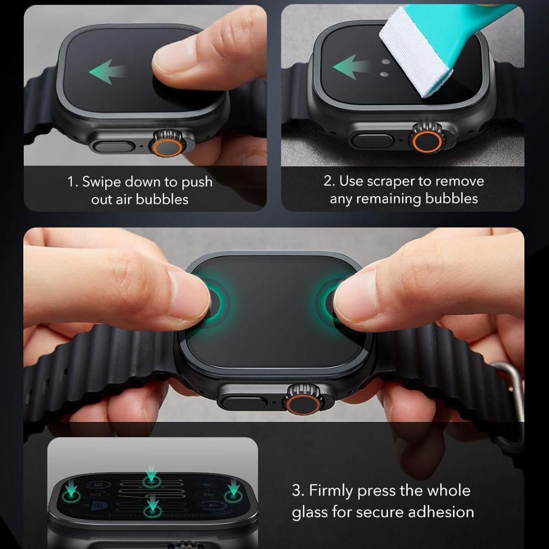 ESR Amorite Screen Protector for Apple Watch Ultra 2/1 Black: 1. Swipe finger down to clear bubbles. 2. Use scraper for any left. 3. Press tempered glass firmly for full coverage—see detailed close-ups with installation steps.