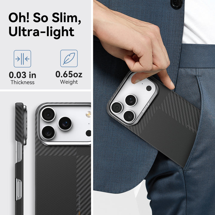 A person in a blue suit jacket slides the Raptic Geotik iPhone 17 Aramid Fibre Case with MagSafe onto their white iPhone and into their pocket. Text reads, “Oh! So Slim, Ultra-light,” showcasing its 0.03 in thinness and 0.65 oz weight with feature icons.