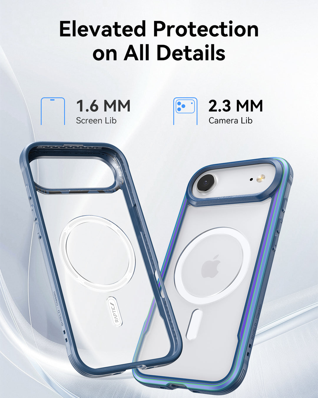 A blue and clear Raptic iPhone 17 Raptic Shield Glass Bundle Pack is shown from two angles, highlighting raised edges for protection. “Elevated Protection on All Details” appears above, with labels for 1.6mm screen and 2.3mm camera lips.