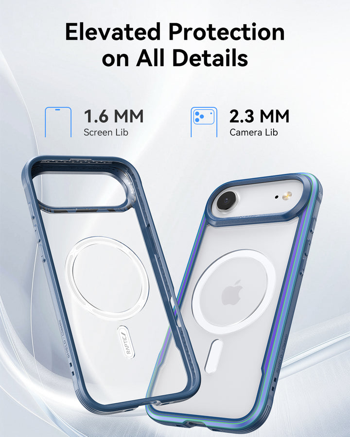 A blue and clear Raptic iPhone 17 Raptic Shield Glass Bundle Pack is shown from two angles, highlighting raised edges for protection. “Elevated Protection on All Details” appears above, with labels for 1.6mm screen and 2.3mm camera lips.