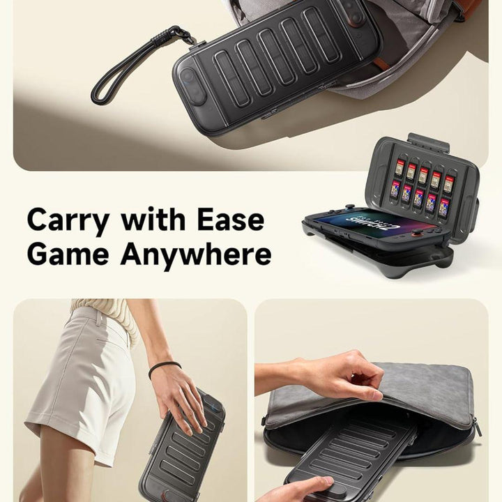 The Jsaux Nintendo Switch 2 Slim Carry Case features storage for 10 game cards, fits easily in a bag or hand with its wrist strap, and is ideal for gaming anywhere—perfect protection from Jsaux for your console and games.
