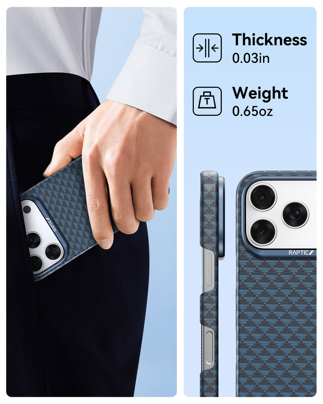A hand slides the Raptic iPhone 17 Aramid Fibre Case in blue geometric pattern into a pocket. Right: close-up of its aramid fibre build, precise camera cutout, and MagSafe support. Light blue/white background with thickness and weight icons.
