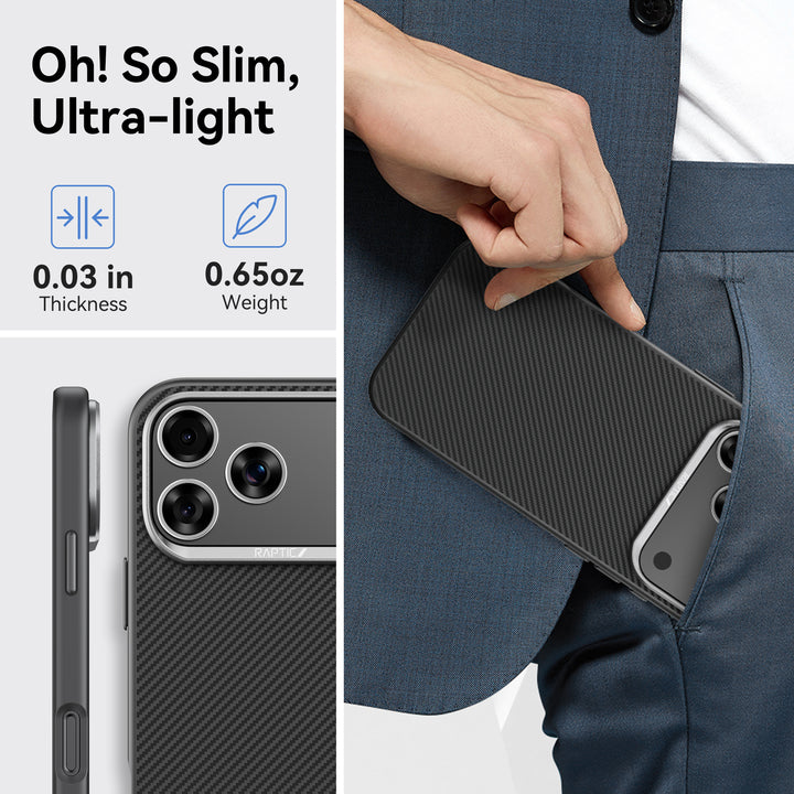 A person in a blue suit slips the Raptic Aramid 600D iPhone 17 case into their pocket. Text says "Oh! So Slim, Ultra-light" with 0.03 in thickness, 0.65 oz weight icons. Close-up shows its precise fit and triple camera cutouts.