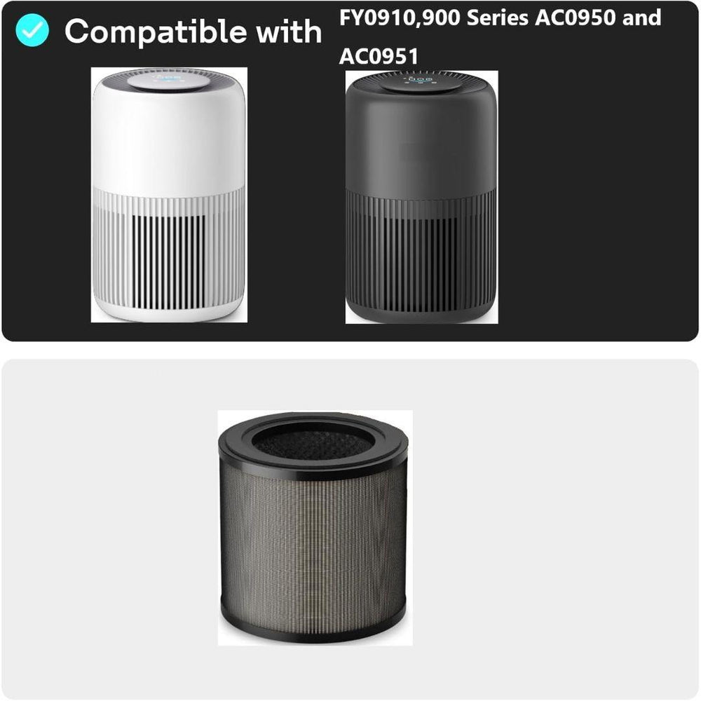 The image displays two cylindrical MobileTechnica HEPA Filter Replacements for Phillips 900 Series (AC0950, AC0951), one in white and one in black, shown above a pleated filter on a light background—ideal for replacing your air purifier filter.