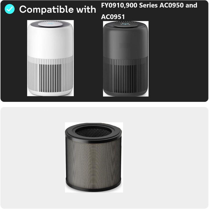 The image displays two cylindrical MobileTechnica HEPA Filter Replacements for Phillips 900 Series (AC0950, AC0951), one in white and one in black, shown above a pleated filter on a light background—ideal for replacing your air purifier filter.