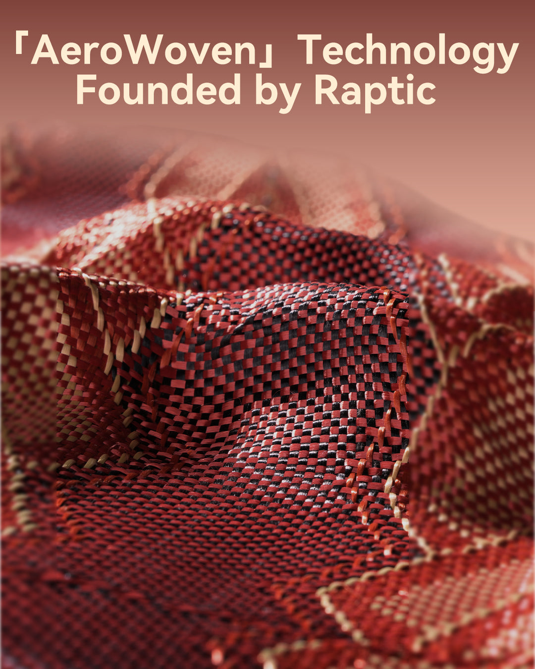 A close-up of the Raptic Skin-Origin iPhone 17 Aramid Fibre Case shows its red and beige wavy weave, glossy fibres, and “『AeroWoven』 Technology Founded by Raptic” text, highlighting ultra-slim protection.