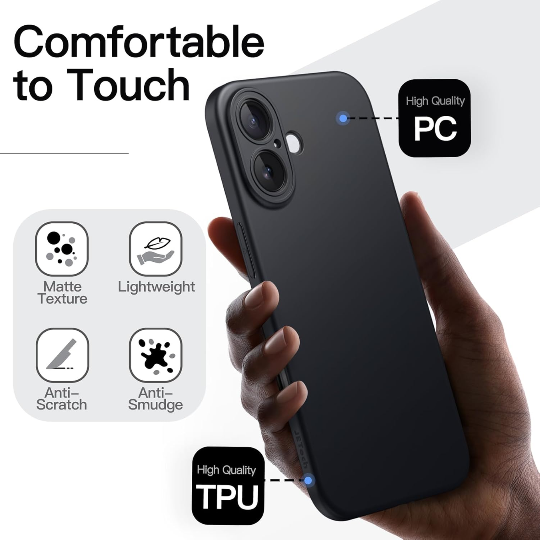 A hand holds the JETech Slim iPhone 16 case, highlighting its matte black finish. Text notes comfortable grip, lightweight feel, anti-scratch and anti-smudge features. High-quality PC & TPU materials. MagSafe compatible for top protection.