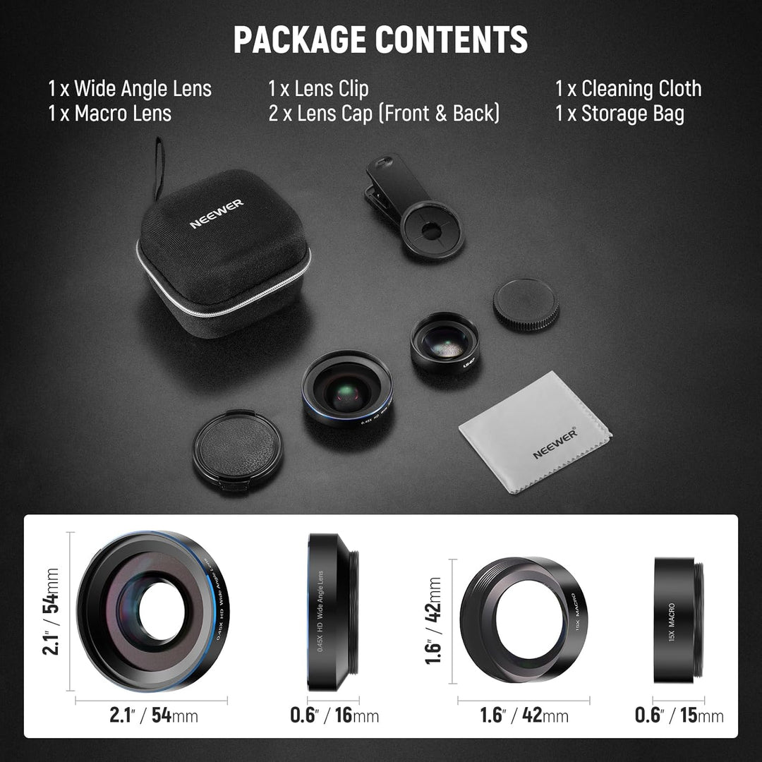 The Neewer Basics 2 in 1 Phone Camera Lens Kit (LS-67) is shown with labeled contents: storage bag, HD 0.45x wide angle and 15x macro lens, clip, two lens caps, cleaning cloth—all neatly arranged on a dark surface. Compatible with smartphones.