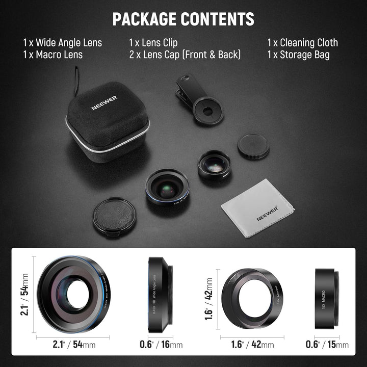 The Neewer Basics 2 in 1 Phone Camera Lens Kit (LS-67) is shown with labeled contents: storage bag, HD 0.45x wide angle and 15x macro lens, clip, two lens caps, cleaning cloth—all neatly arranged on a dark surface. Compatible with smartphones.