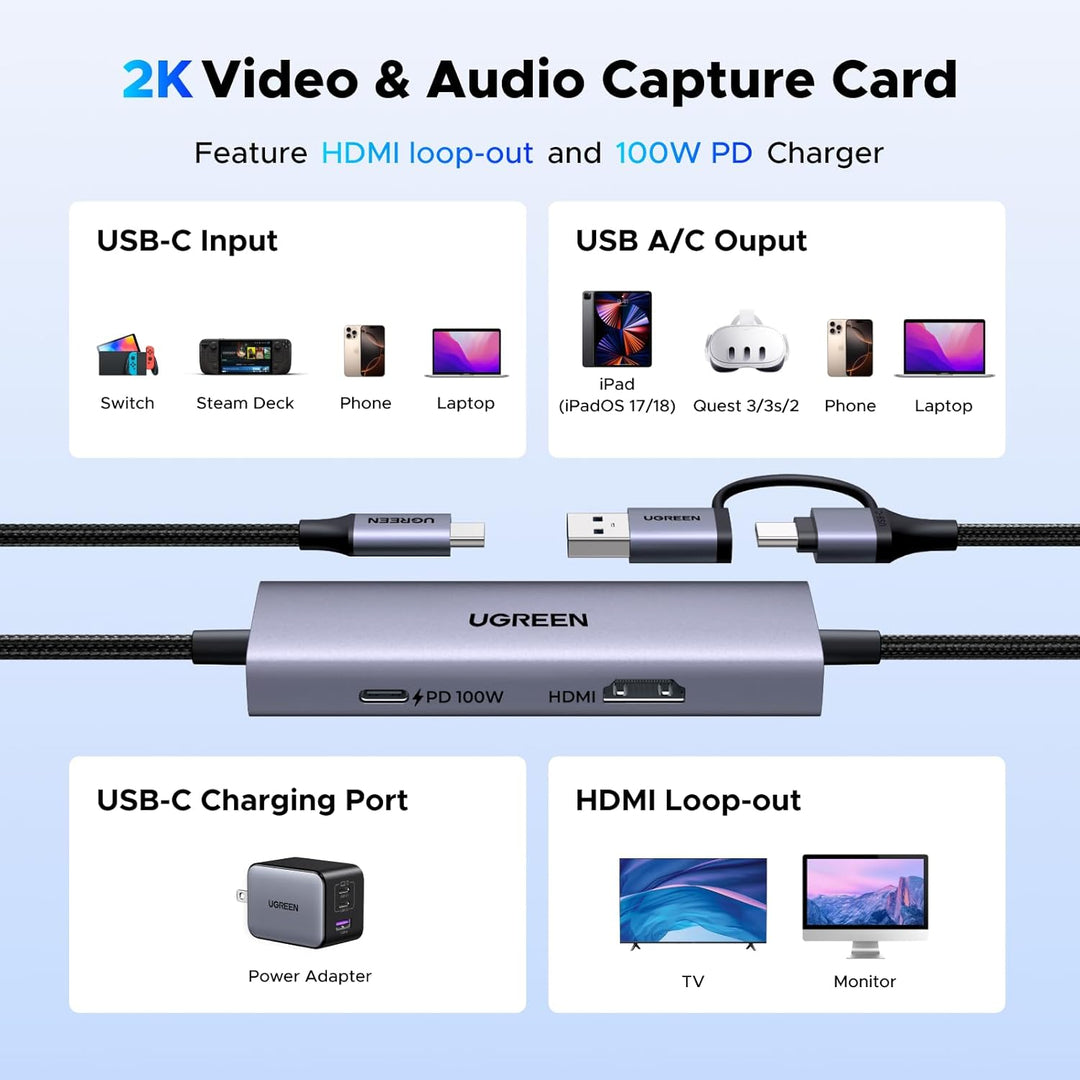UGREEN 2K@30Hz USB C Video Capture Card with 100W PD 4K@30Hz HDMI Loop-Out, 1080P 60fps USB 3.0 Capture Card for Streaming Low Latency YUY2 VR Compatible with Stream Deck, Quest 3