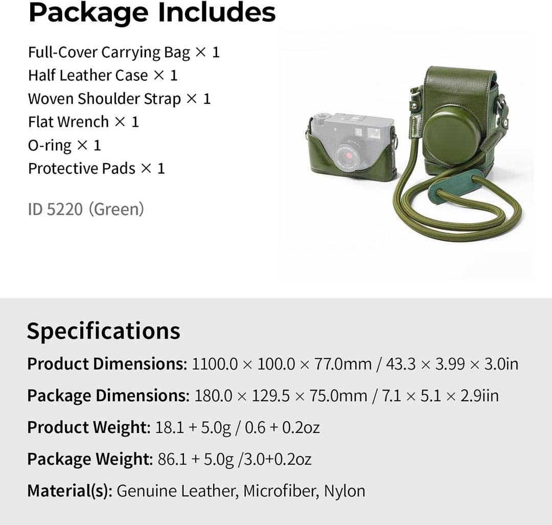 SMALLRIG Leather Case Kit for FUJIFILM X Half, Retro Style Full-Cover Carrying Bag with Half Leather Case, Built-in Card Pocket, Portable and Protecting with Woven Shoulder Strap (Green) - 5220