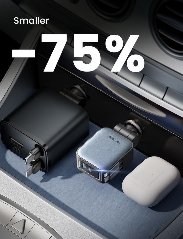 Lamicall 4 in1 Retractable Car Charger, 75W [Upgrade-Compact] Car Phone Charger Cigarette Lighter Adapter Fast Charging with 80cm Type-C/Lightning Cable for iPhone 17 Pro Max Air/16/15, Galaxy, Pixel