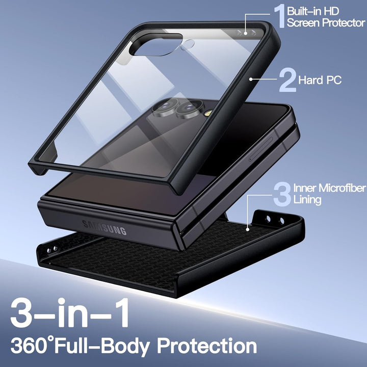 JETech Case for Samsung Galaxy Z Flip 7 2025 with Built-in Front Tempered Glass Screen Protector, Hard PC Slim Shockproof Anti-Scratch Protective Phone Cover (Black)