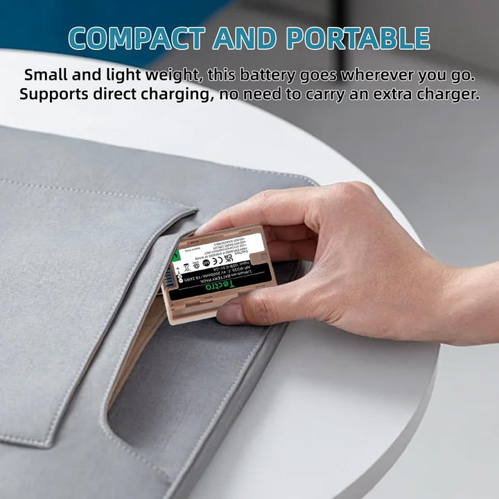 A hand places a Tectra NP-W235 USB-C Battery by MobileTechnica into a gray bag. Text above: "COMPACT AND PORTABLE." Below: "Lightweight battery charges directly via USB-C—no extra charger needed. 2.5H full charge for Fujifilm cameras.