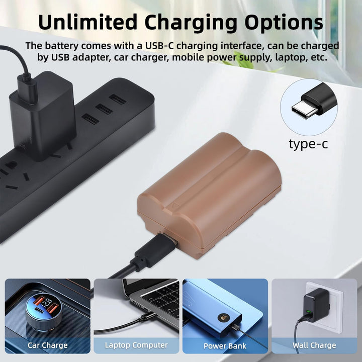 On a white backdrop, MobileTechnica’s Tectra NP-W235 USB-C Fast Charging Battery for Fujifilm cameras charges via black power strip; insets show compatibility with car charger, laptop, power bank, and wall charger. Fully charges in 2.5H.