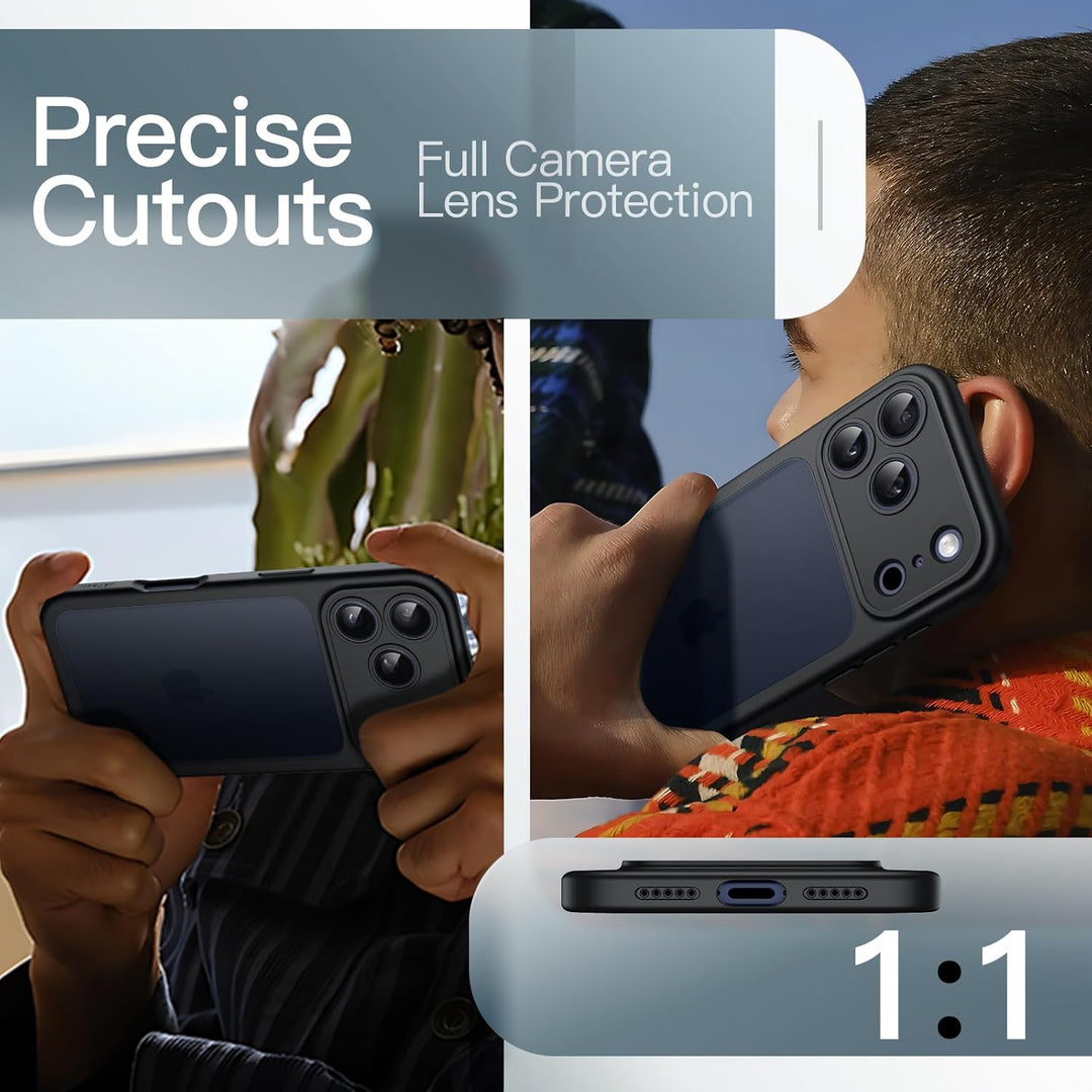 iPhone 17 Pro Case Matte, Shockproof Military Grade Drop Protection, Full Camera Lens Protection, Frosted Translucent Back Minimalist Phone Cover (Black)