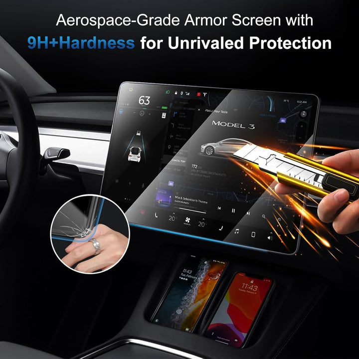 A hand uses a utility knife to scratch the Tesla Model Y Juniper 2025-2026 Tempered Glass Screen Protector Matte 2-pack by MobileTechnica; text reads “Aerospace-Grade Armor Screen, 9H+ Hardness.” Inset shows a close-up of the screen’s corner being touched.