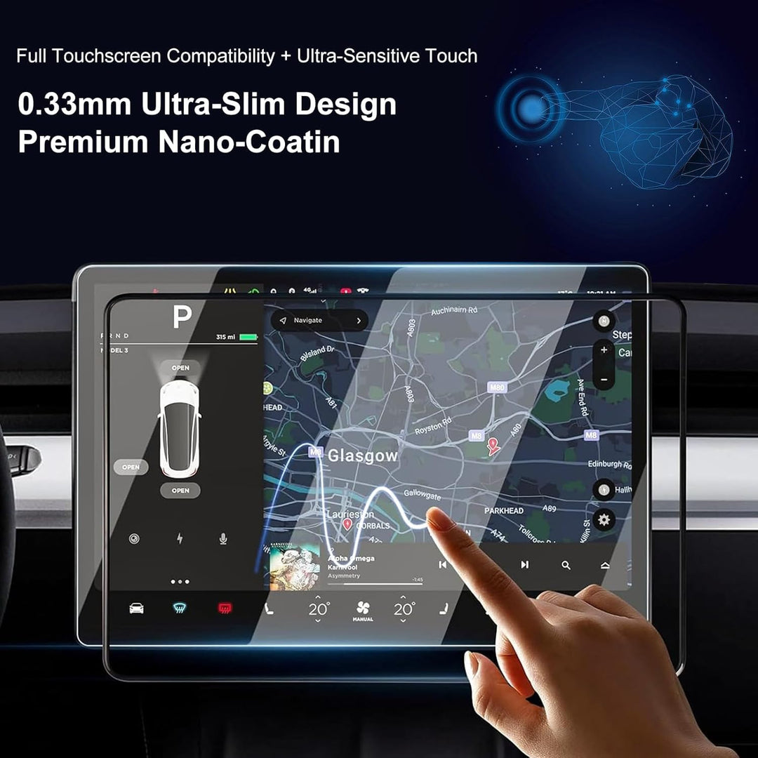 A hand interacts with a Tesla Model Y Juniper 2025-2026 touchscreen displaying a detailed Glasgow map, car status, and menu icons. Text above notes "Full Touchscreen Compatibility" and "Premium Nano-Coating." Product: MobileTechnica Matte Glass 2-pack.