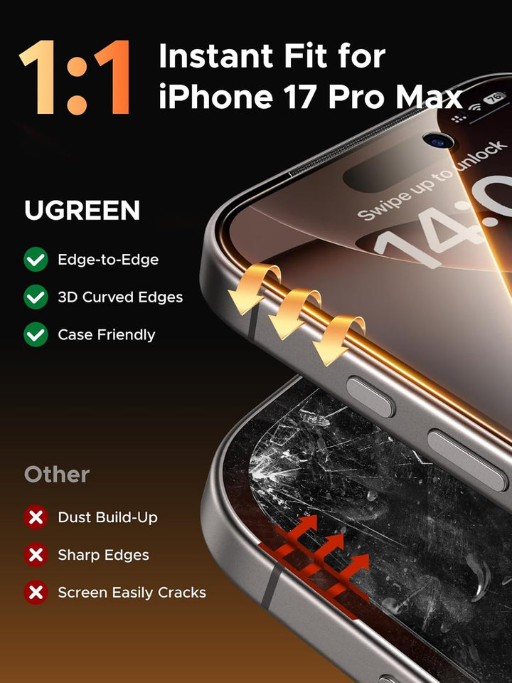 A promo image for MobileTechnica's UGREEN 2 Pack Privacy Screen Protector for iPhone 17 Pro Max highlights anti-scratch, anti-fingerprint, and privacy angle features with gold ticks, while a cracked rival shows red Xs for dust, sharp edges, and easy cracks.