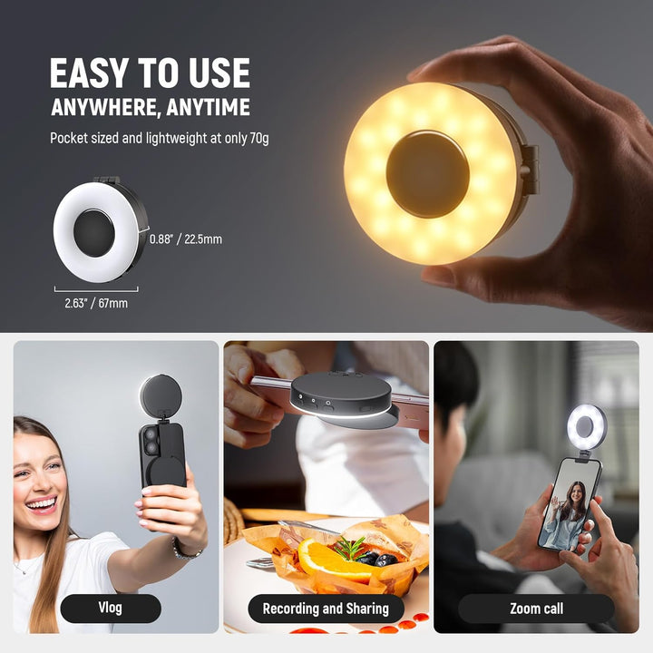 The Neewer ENTRY LEVEL VERSION Magnetic Selfie Light clips to MagSafe iPhones for flawless selfies. Its folding, portable CRI95+ LED ring offers 4 lighting modes—ideal for vlogging, food shots, makeup, and video calls.