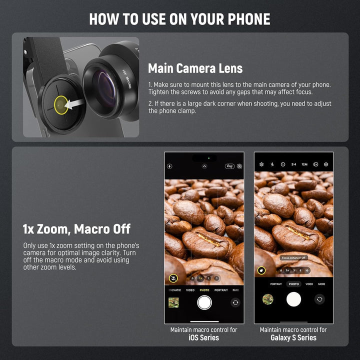 Instructional graphic titled “HOW TO USE ON YOUR PHONE” shows the Neewer Basics 2 in 1 Phone Camera Lens Kit (LS-67) macro lens, user tips, and screenshots of coffee beans at 1x zoom on iOS/Galaxy. Yellow arrows highlight keeping macro mode off at 1x.