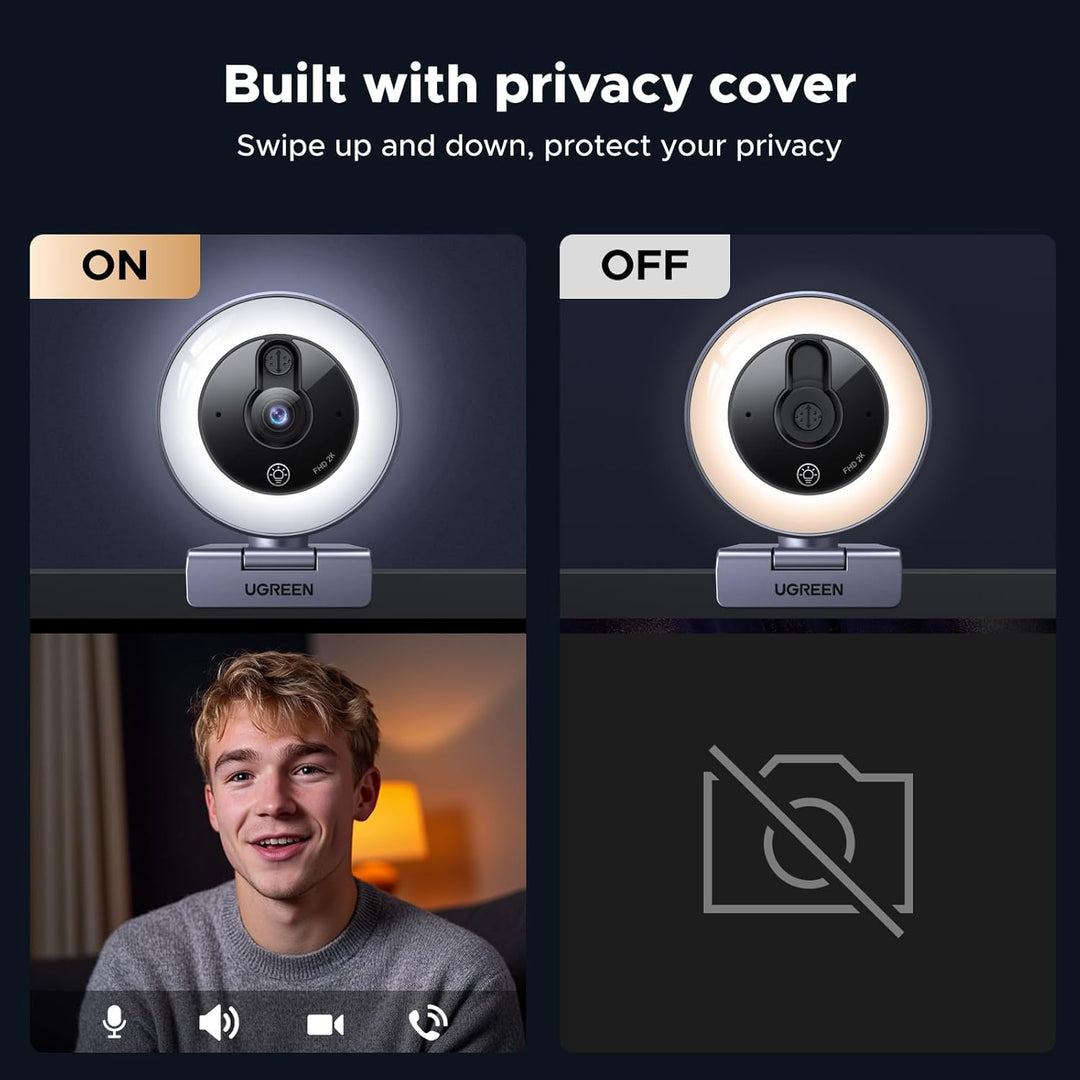 UGREEN 2K@30fps USB Webcam for PC, Adjustable Ring Light, Dual Mic for Clear Stereo Audio, Noise Cancelling, USB Web Cam Camera for Skype, Zoom Meeting, Live Streaming, Video Calling, Conferences