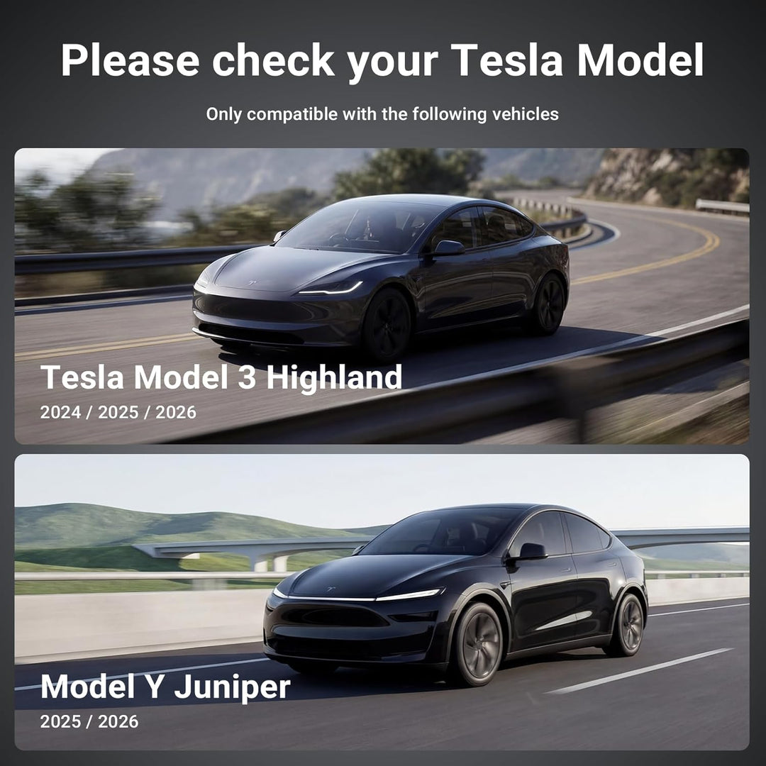 Two sleek black Teslas cruise along winding roads; the top shows a 2025-2026 Model Y Juniper. Text above prompts users to check if the MobileTechnica Tempered Glass Matte 2-pack fits their Tesla model.
