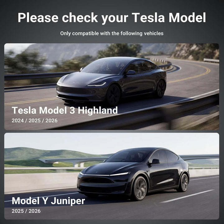 Two sleek black Teslas cruise along winding roads; the top shows a 2025-2026 Model Y Juniper. Text above prompts users to check if the MobileTechnica Tempered Glass Matte 2-pack fits their Tesla model.