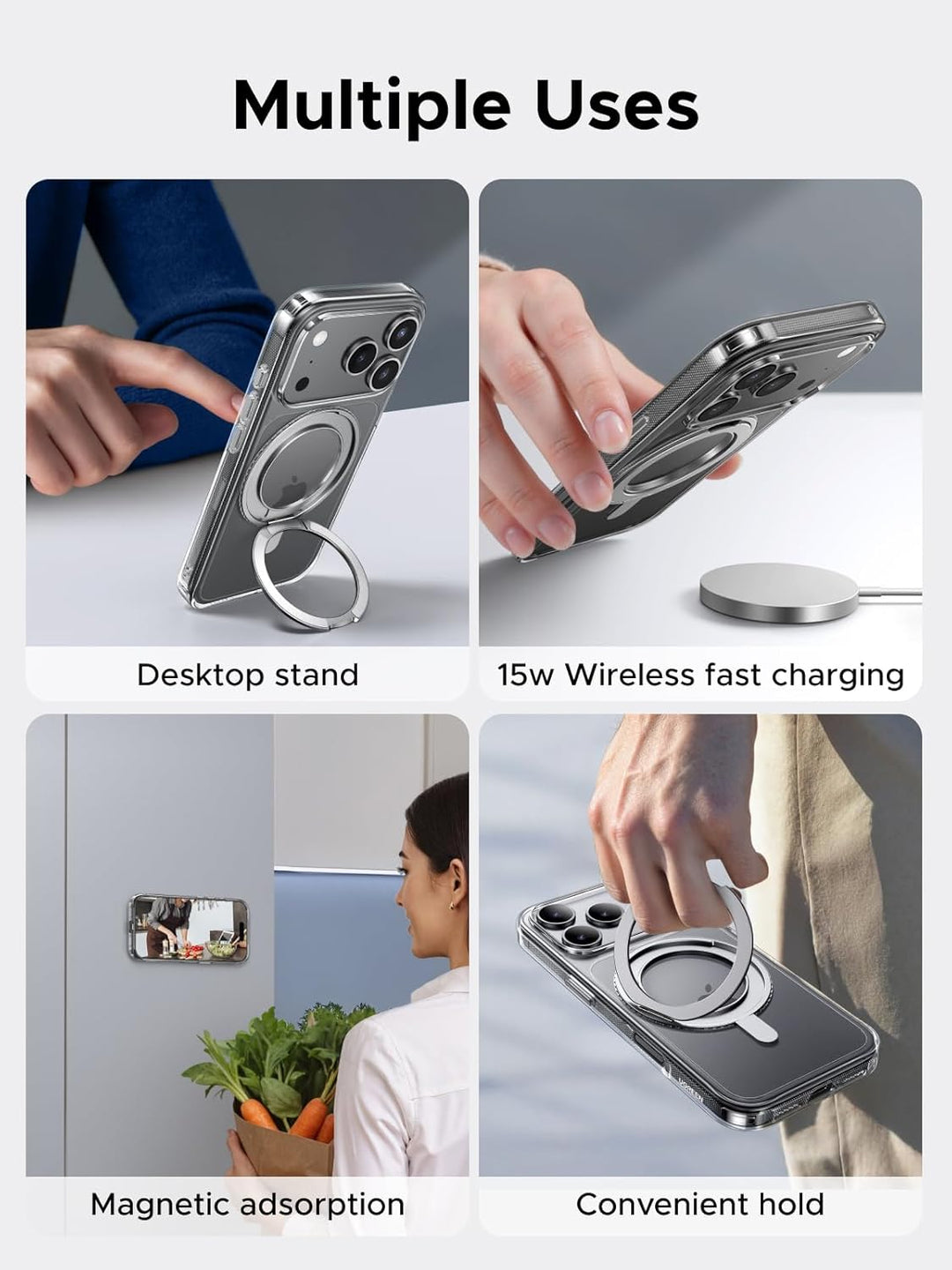 A promo image features the UGREEN 360° Rotatable Magnetic Ring Case for iPhone 17 Pro Max, showing MIL-grade protection, desktop kickstand, wireless charging support, magnetic wall mount use, and a comfy hand grip.