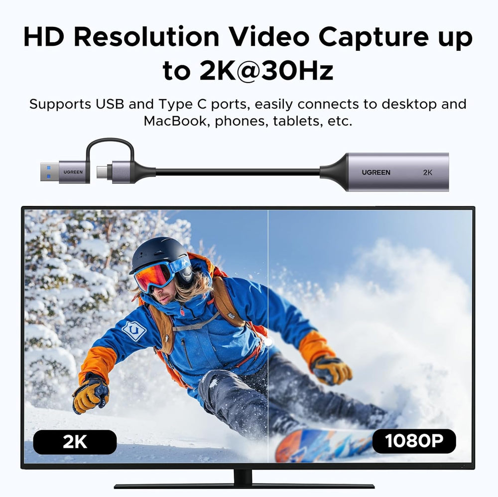 UGREEN 2K@30Hz Video Capture Card HDMI to USB 3.0 and USB C, Full HD 4K 30Hz Input with Low Latency for Capture Video and Audio Recording Compatible with Switch/Xbox/PS5/ TV Stick/PC/Camera