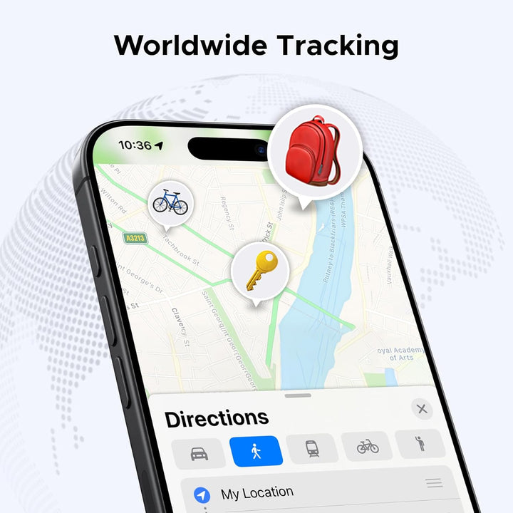 A smartphone screen shows a map app with pin icons of a red backpack and gold key, using the UGREEN 2 Pack FineTrack Smart Finder—a Bluetooth item tracker compatible with Apple Find My, featuring a 2-year battery and 80dB alarm. "Worldwide Tracking" appears above.