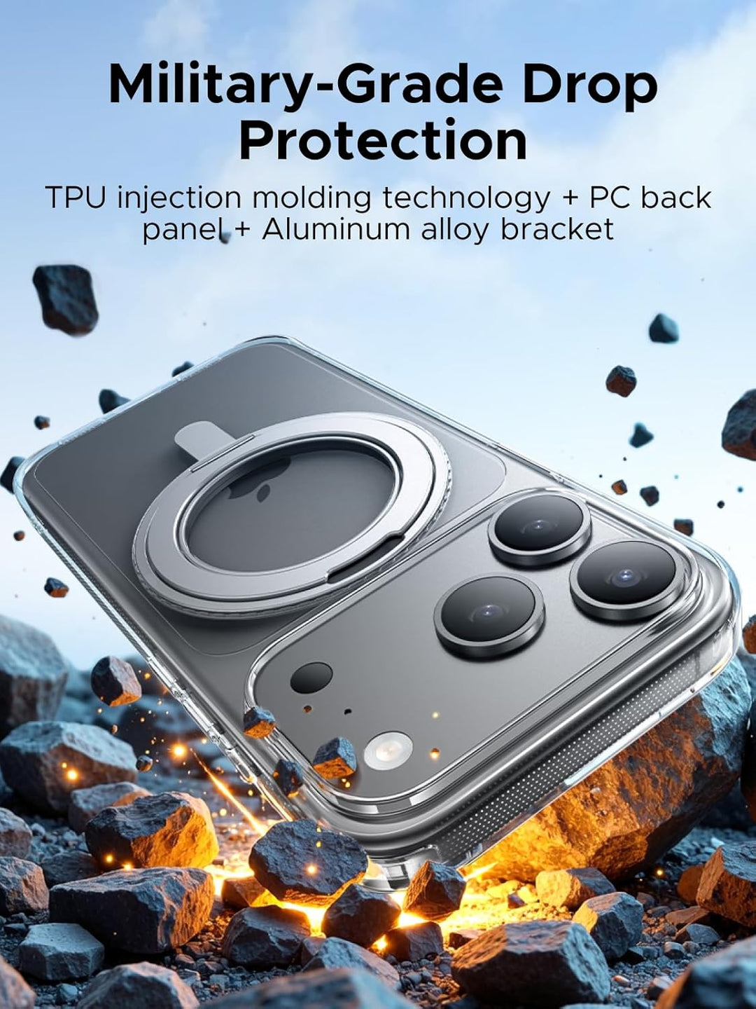 A UGREEN 360° Rotatable Magnetic Ring Case for iPhone 17 Pro Max, with MagSafe compatibility and MIL-Grade Protection, protects the phone from rocky drops. Features iCrystal Tech, anti-scratch design, camera protection, and a sturdy aluminum bracket.