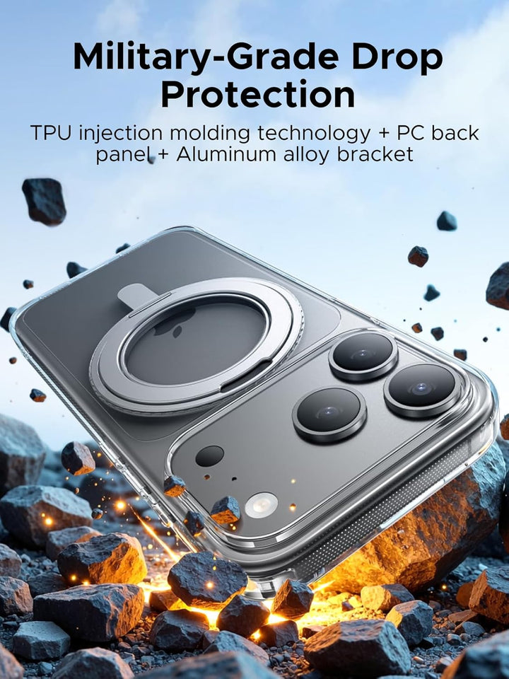 The UGREEN 360° Rotatable Magnetic Ring Case for iPhone 17 Pro Max shields your phone on cracked rocks with MagSafe-ready iCrystal Tech, triple camera cutouts, and bold “MIL-Grade Protection” text highlighting advanced anti-scratch materials.