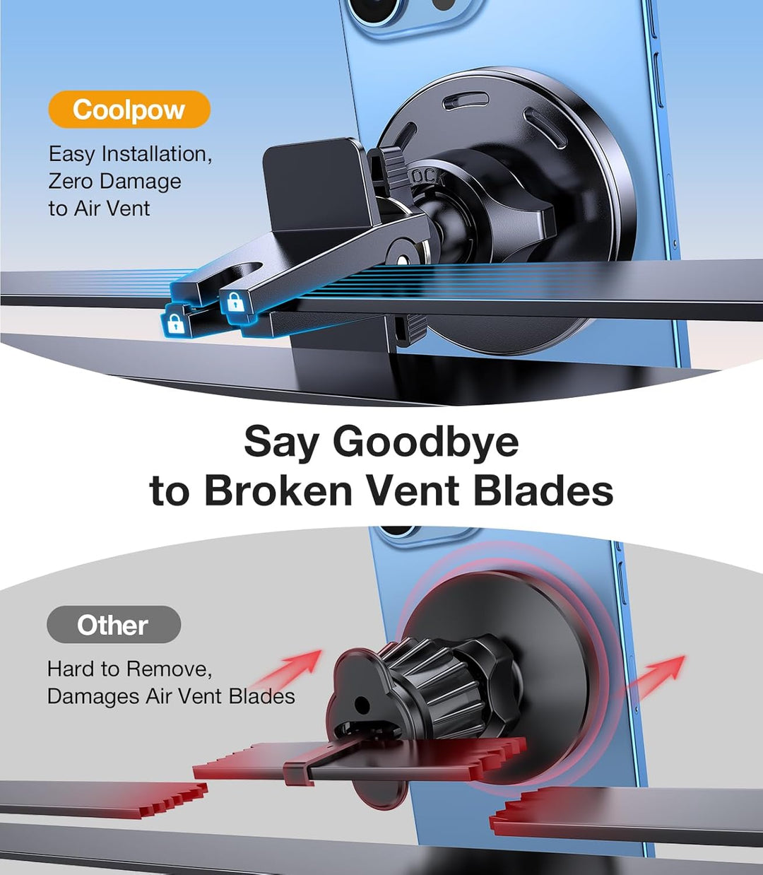 A comparison image shows the MobileTechnica for MagSafe Car Mount Charger securely on an air vent with a blue iPhone, labeled "Easy Installation, Zero Damage." Below, another mount damages vents, marked "Hard to Remove, Damages Air Vent Blades.