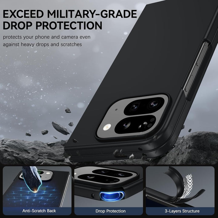Close-up of Google Pixel 10 Pro Fold in a DUEDUE black case by MobileTechnica, with "Exceed Military-Grade Drop Protection" text. Insets highlight anti-scratch back, drop protection, and 3-layer build against falling rocks and cloudy sky.