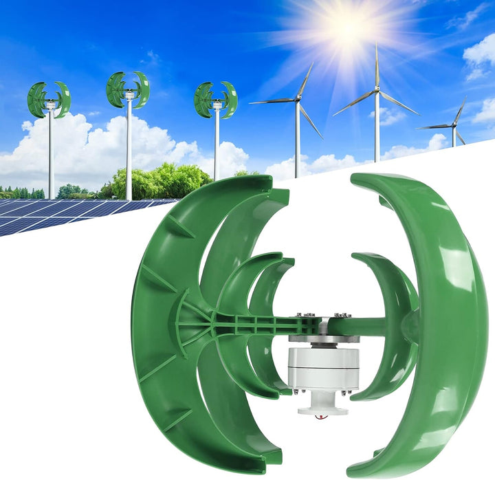 A close-up shows the MobileTechnica 1200W Green Lantern LanternShaped 4-Blade Wind Turbine (12V, 0.9m wheel) in the foreground, with similar turbines, traditional windmills, solar panels, and green trees under a sunny blue sky behind it.