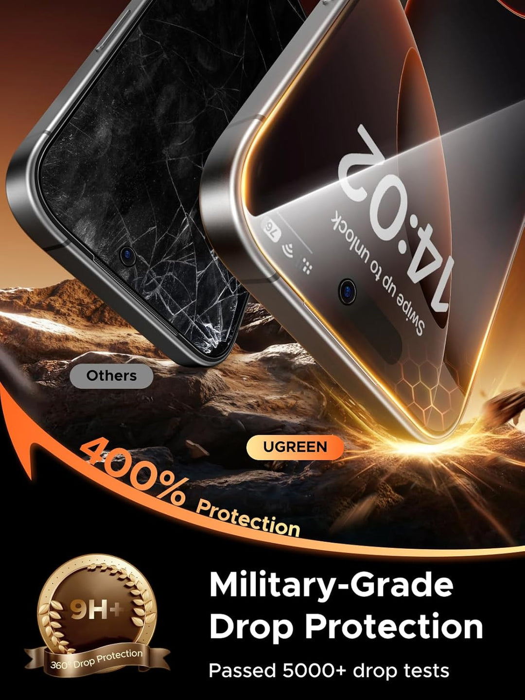 In a carousel, one phone with a cracked screen is labeled "Others," while the flawless one features “MobileTechnica” and the UGREEN 2 Pack Privacy Screen Protector for iPhone 17 Pro Max, offering full coverage, privacy, and anti-scratch protection.