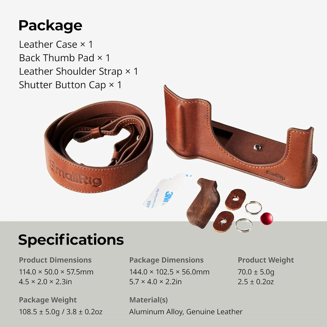 The SmallRig GFX100RF Leather Case Kit for FUJIFILM GFX100RF includes a brown leather case, black thumb pad, shoulder strap, and concave shutter button cap. Specifications and weights are provided in a table below the image.
