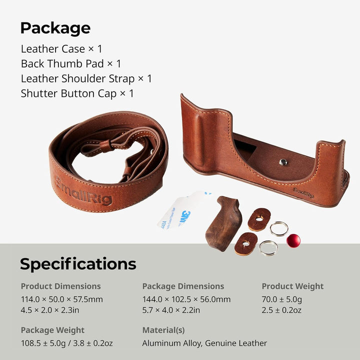 The SmallRig GFX100RF Leather Case Kit for FUJIFILM GFX100RF includes a brown leather case, black thumb pad, shoulder strap, and concave shutter button cap. Specifications and weights are provided in a table below the image.
