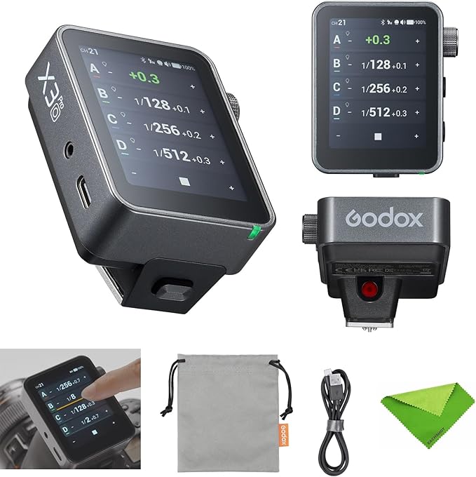 The MobileTechnica GODOX X3 PRO F 2.4G TTL Wireless Flash Trigger for Fujifilm Cameras is shown from three angles with its screen and buttons visible, plus included accessories: drawstring pouch, USB cable, and green cleaning cloth. A finger touches the screen inset.
