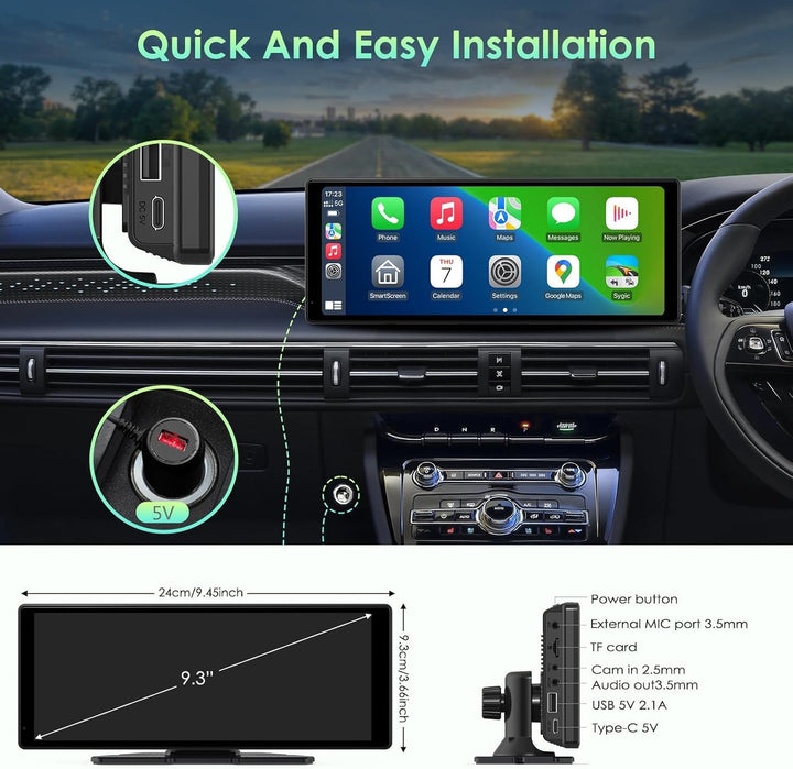 The MobileTechnica 9.26-inch Wireless CarPlay Screen features a touchscreen with Apple CarPlay & Android Auto, GPS, Bluetooth, and Drive Play. Close-ups show power and ports (MIC, TF card, AUX, USB, Type-C). “Quick And Easy Installation” labels functions clearly.