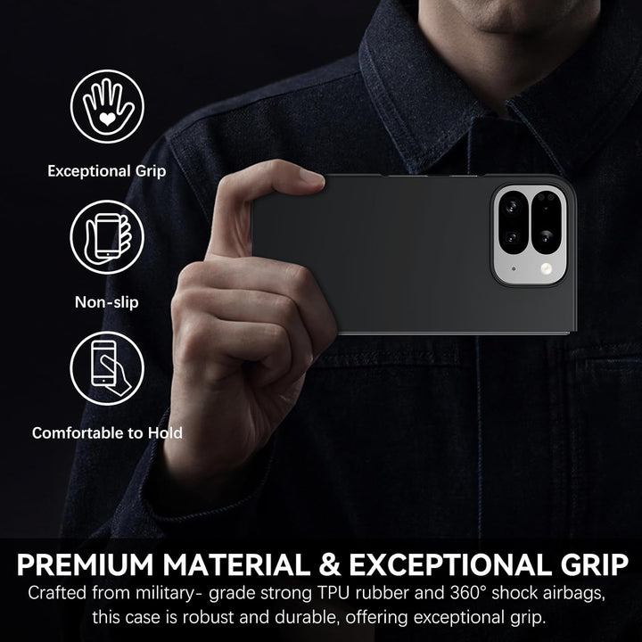 A person in a dark jacket holds a MobileTechnica DUEDUE Case for Google Pixel 10 Pro Fold—black, military-grade protection, slim and shockproof. Icons show: “Exceptional Grip,” “Non-slip,” and “Comfortable to Hold.” Premium background highlights durability.