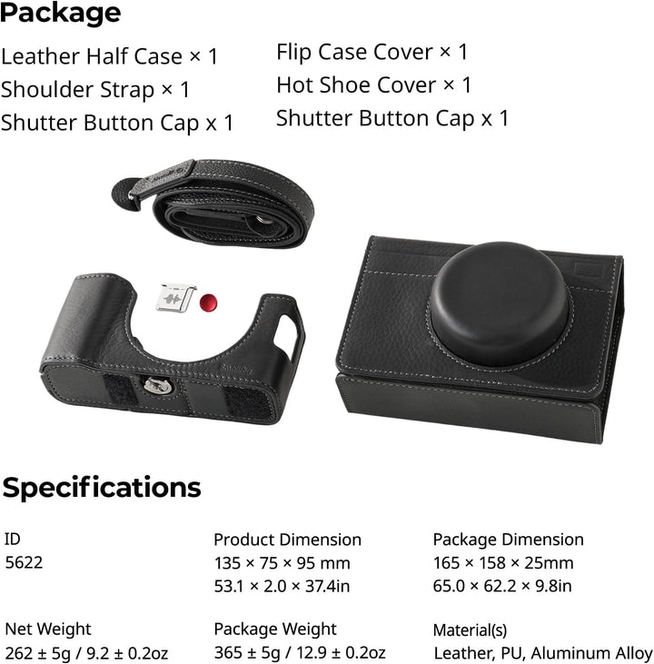The image shows the SMALLRIG Leather Case Kit for FUJIFILM X100VI by MobileTechnica: a black leather half case with flip cover, shoulder strap, two shutter button caps, and hot shoe cover—ideal as a holster or vintage-style complement.