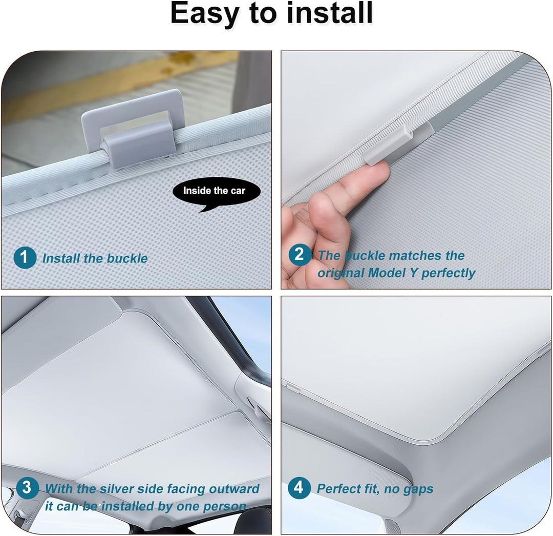 Four-step installation for MobileTechnica Tesla Model Y Sunshade Roof Cover 2025/2026: 1) Snap buckle on roof lining. 2) Use fixed width fitting. 3) Place silver side out. 4) Ensure snug, gap-free fit on panoramic sunroof (2PCS, Black).