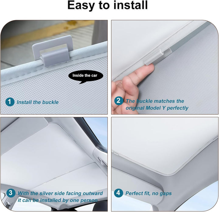 Four-step installation for MobileTechnica Tesla Model Y Sunshade Roof Cover 2025/2026: 1) Snap buckle on roof lining. 2) Use fixed width fitting. 3) Place silver side out. 4) Ensure snug, gap-free fit on panoramic sunroof (2PCS, Black).